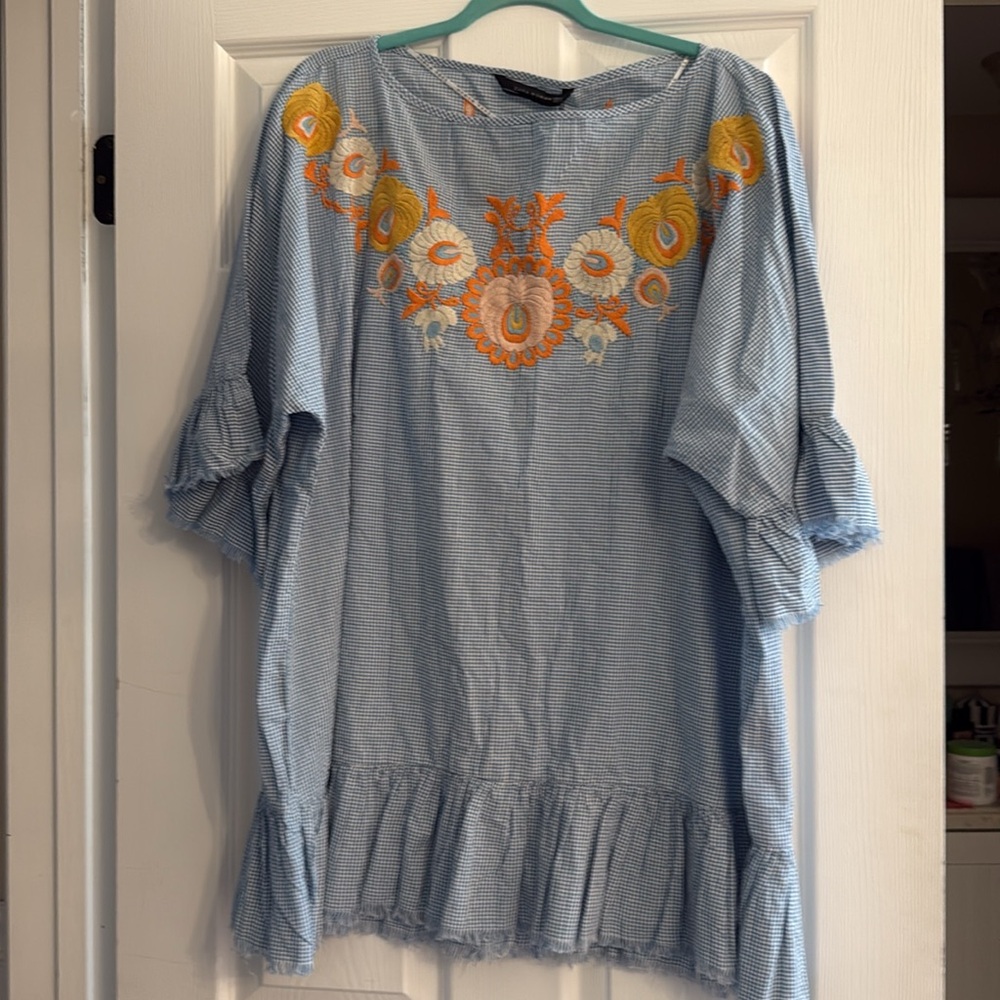 Zara Woman Floral Embroidered Gingham Check Print Tunic Top Oversized-BNWT